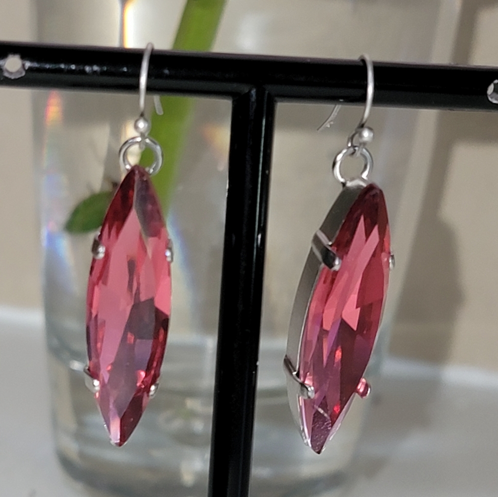 Light Fucia "Swaroski Crystal" Drop Navette Earrings.  "Rare Size"